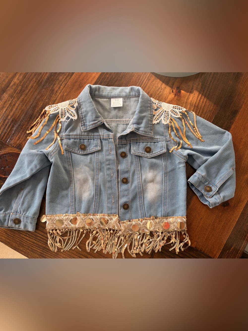 Girls Blue Denim Jacket with gold sequined fringe & shoulder accents rodeo party